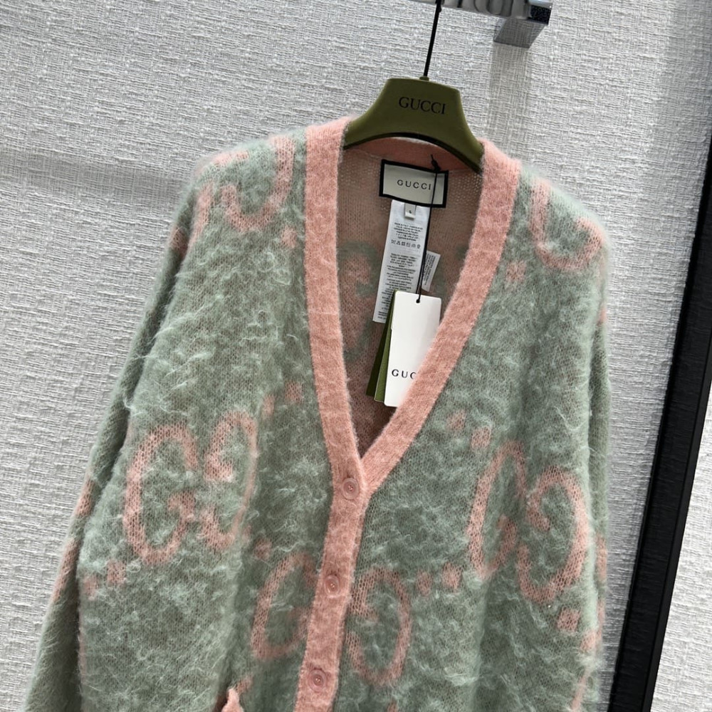 Gucci Reversible GG Mohair Wool Cardigan In Light Green &amp; Pink 635160