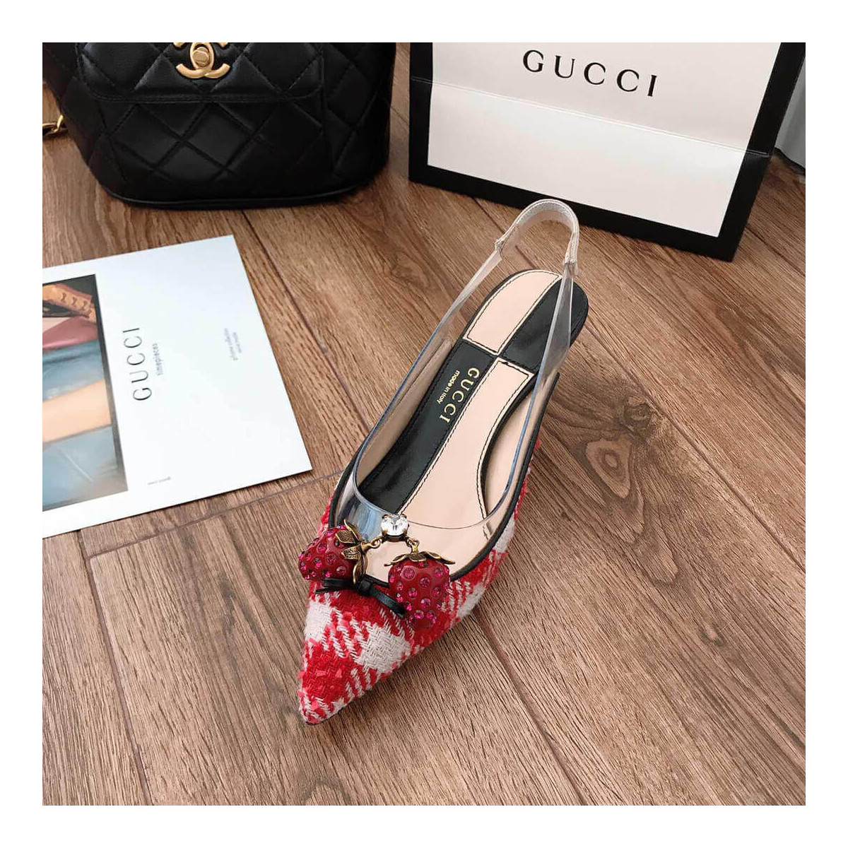 Gucci Eleonor Crystal-Strawberry Tweed Slingback Pumps 286148 Red