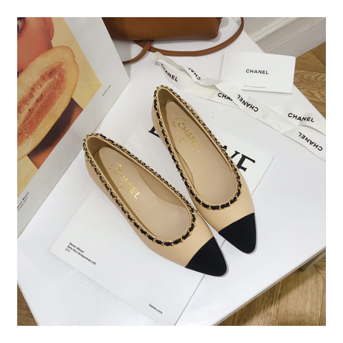 Chanel Grosgrain and Lambskin Chain Flats Ballerinas G35389