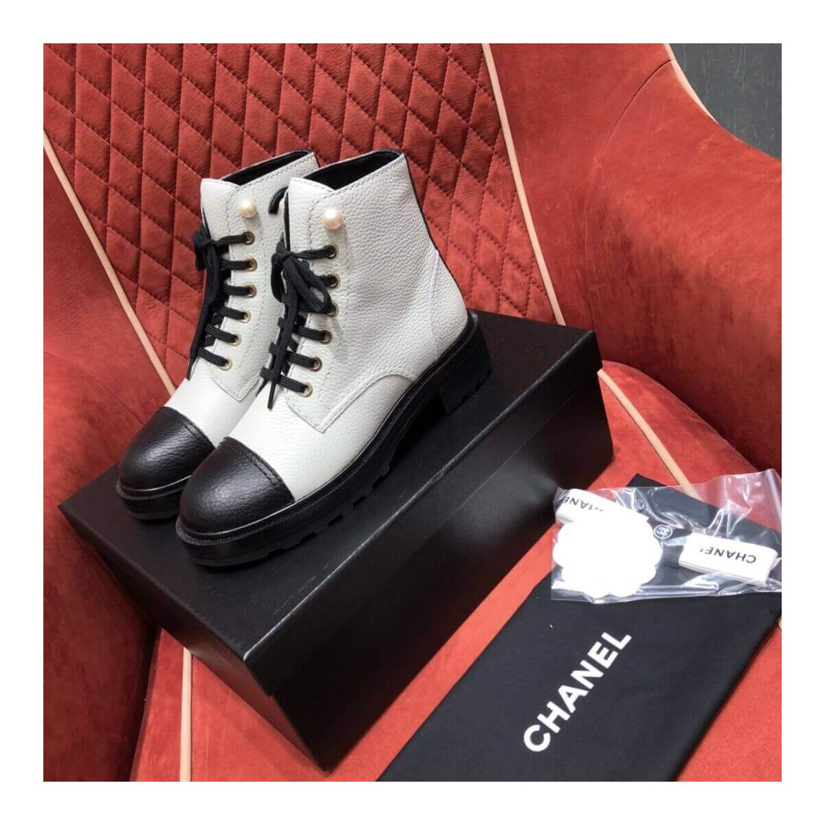 Chanel Pearl Embellished Ankle Boots G36209 Black/White