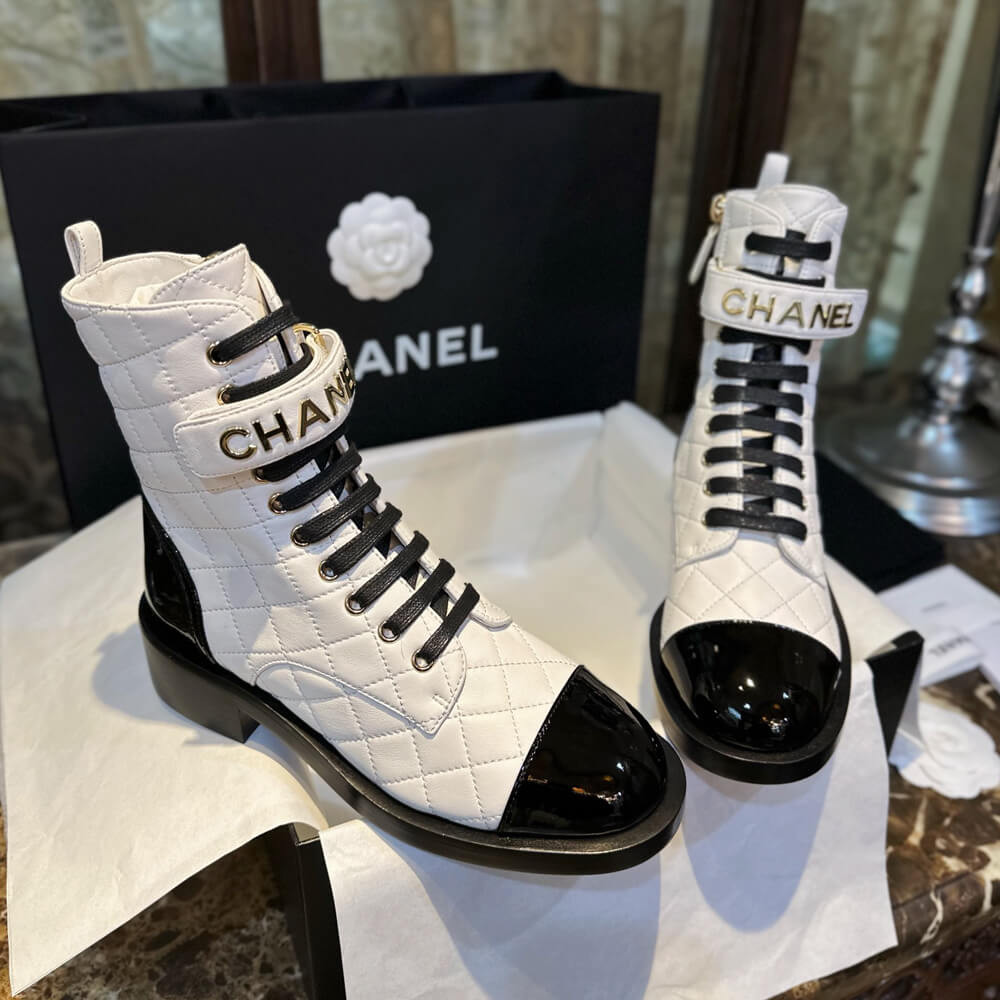 Chanel Quilted Lambskin &amp; Patent Calfskin Lace Up Combat Boots G45005