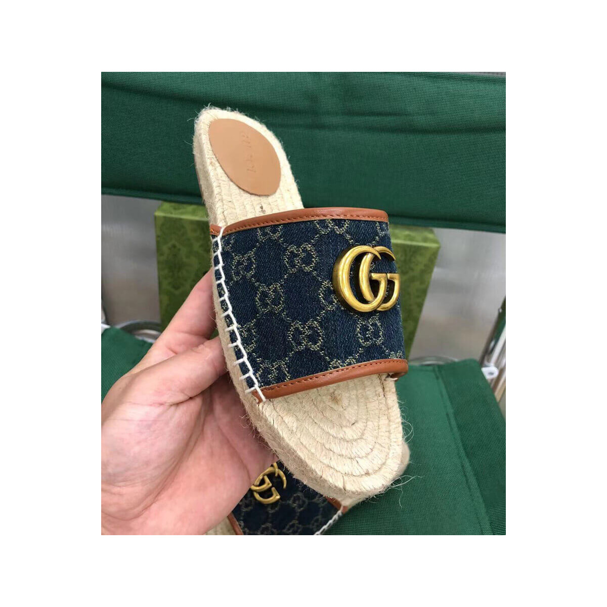 Gucci Pilar Double G Denim Slide Sandal