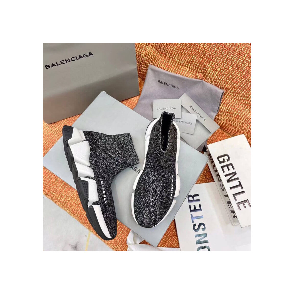 Balenciaga Speed 2.0 Knit Sock Sneakers 617239 Metallic Black/White