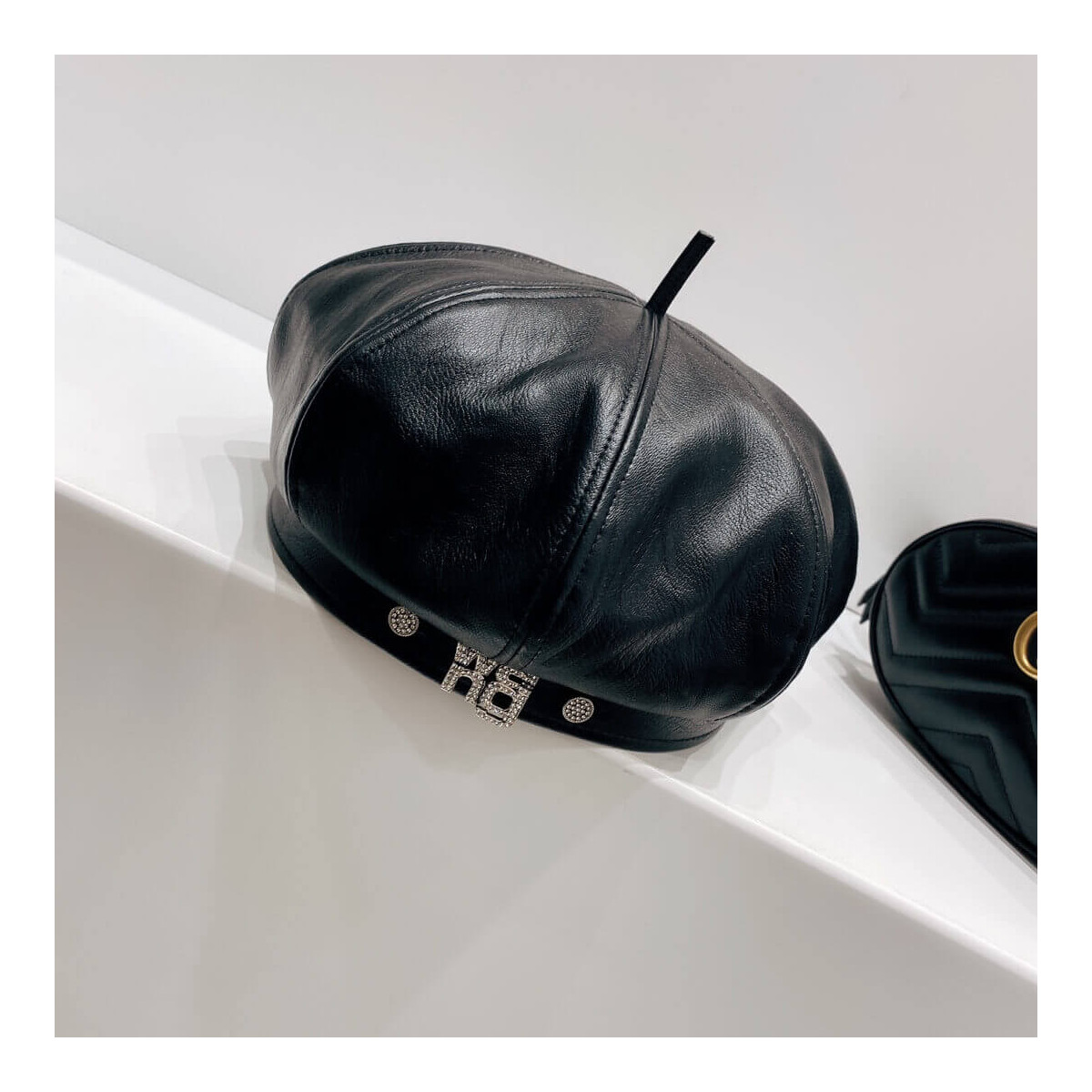 Alexander Wang Leather With Crystal Logo Beret Hat 1305