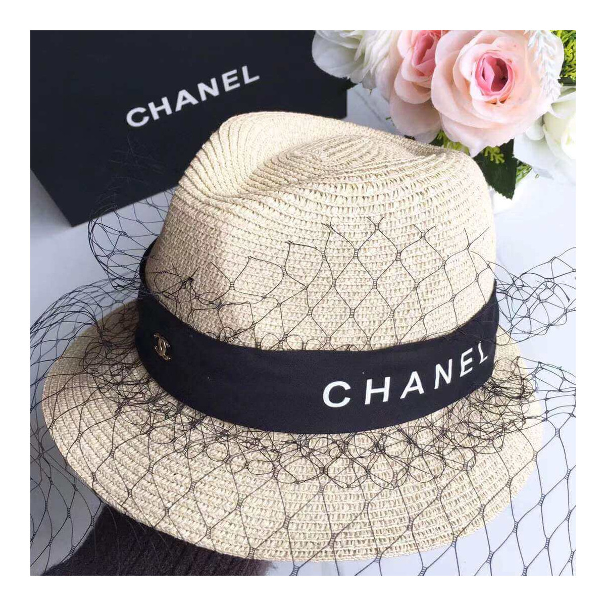 Chanel Straw Cc Fedora Hat With Mesh D010