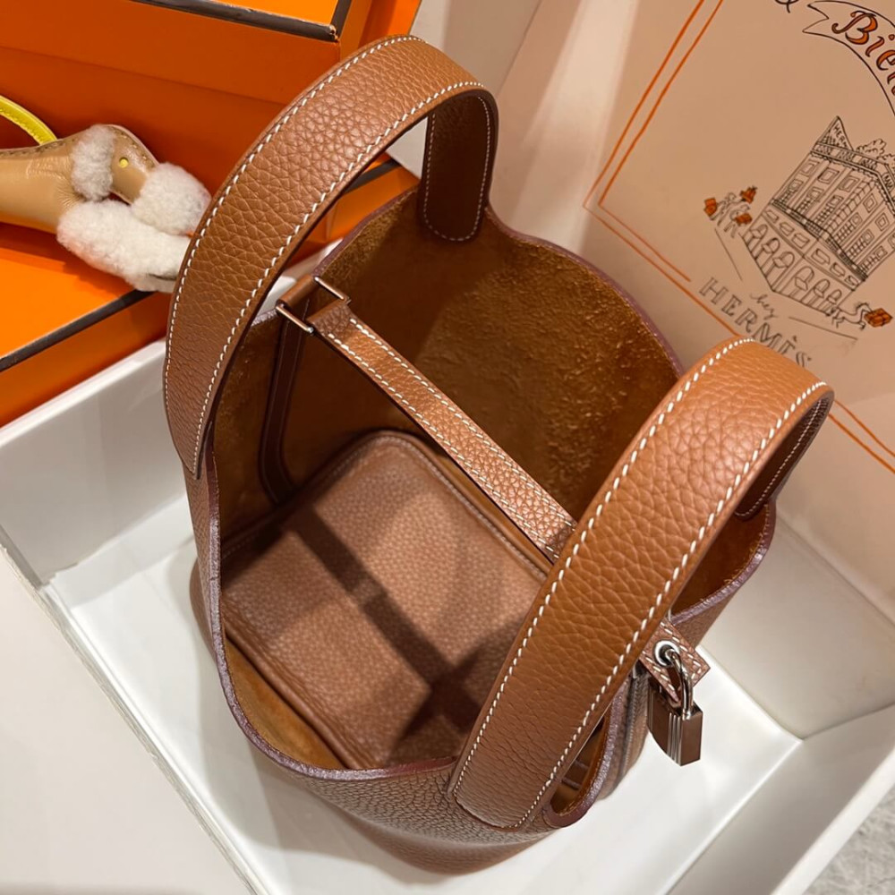 Hermes Picotin Lock Bag in Taurillon Clemence Gold Brown