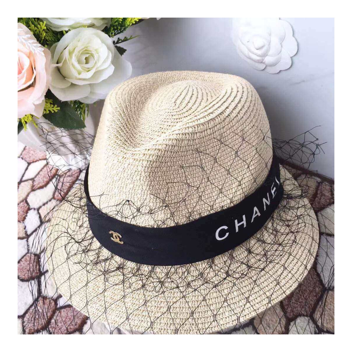 Chanel Straw Cc Fedora Hat With Mesh D010