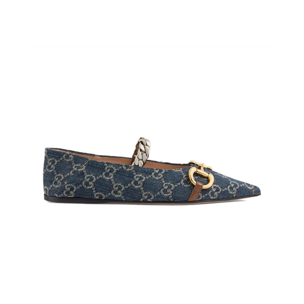 Gucci Ballet Flat With Horsebit In Blue Denim 621161