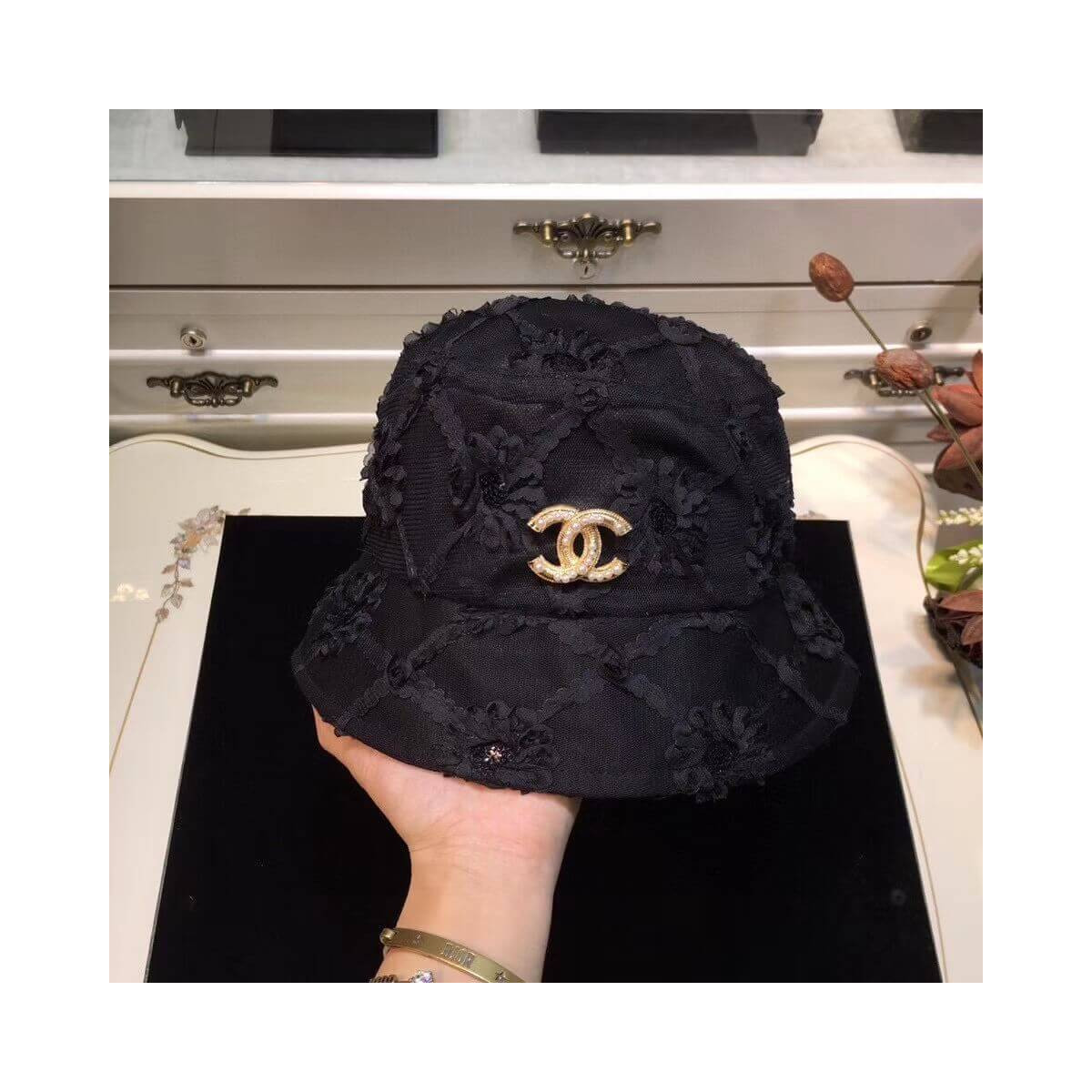 Chanel Flower and Lace Fedora Hat D011