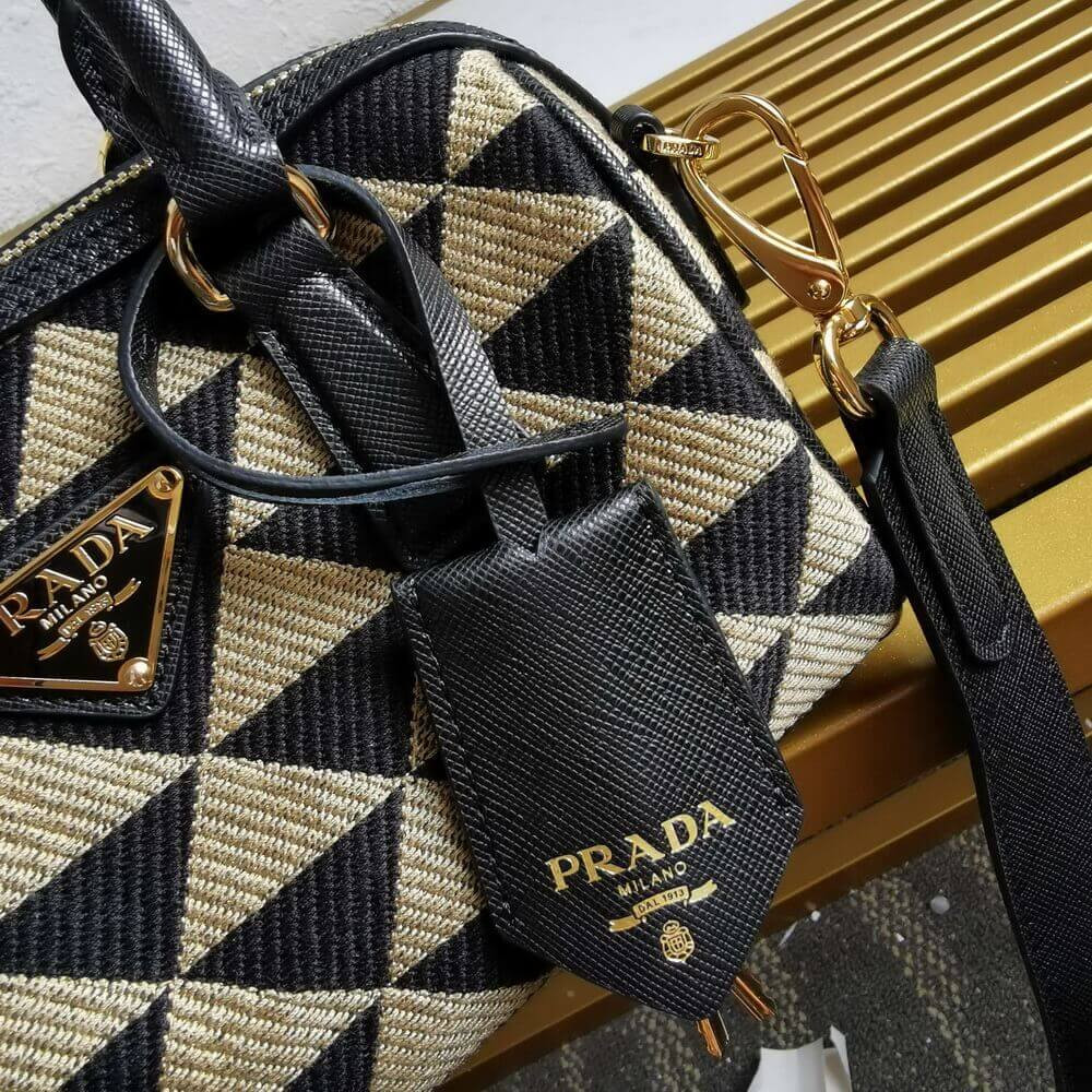 Prada Symbole Embroidered Fabric Top-Handle Bag 1BB846 Black/Beige