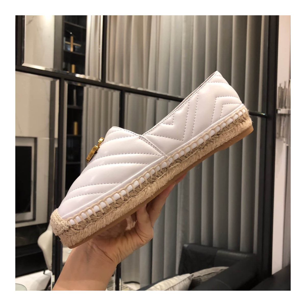 Gucci Chevron Leather Espadrille With Double G 551890 White