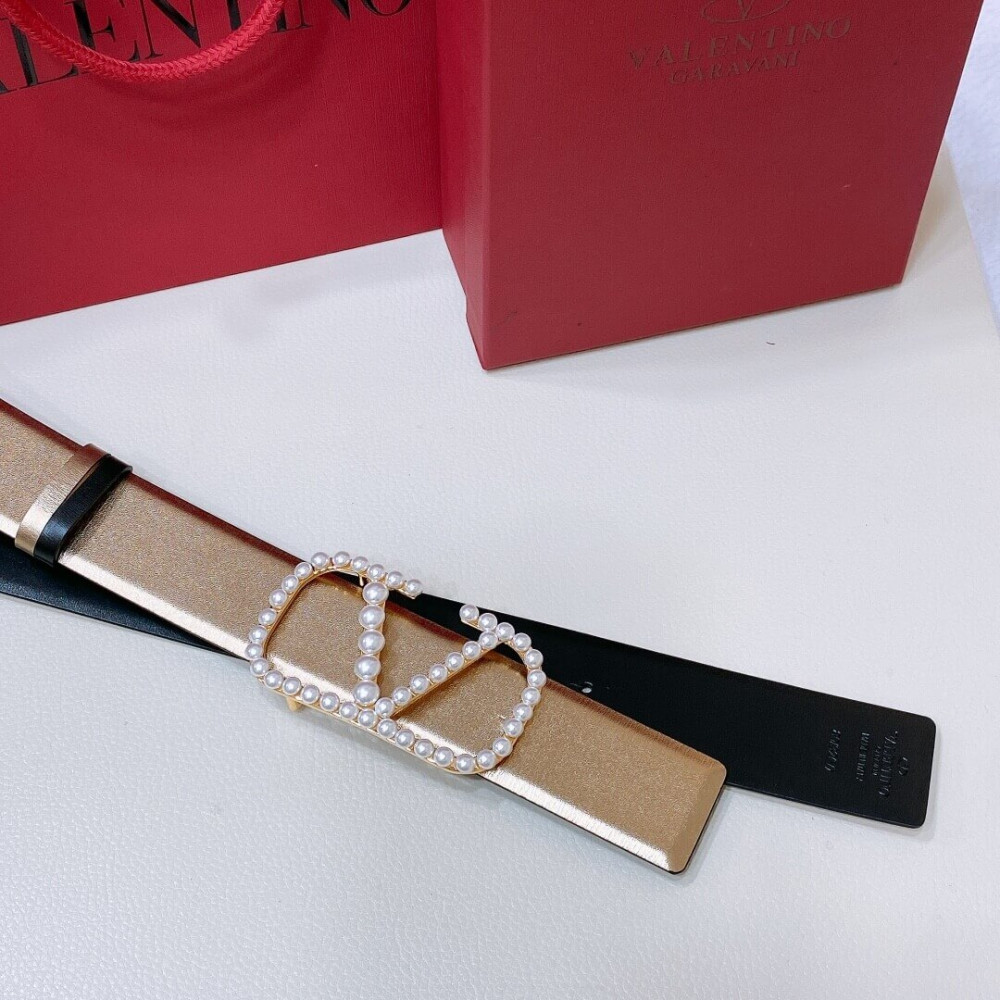 Valentino Vlogo Signature Reversible Belt In Shiny Calfskin With Pearls 40 mm