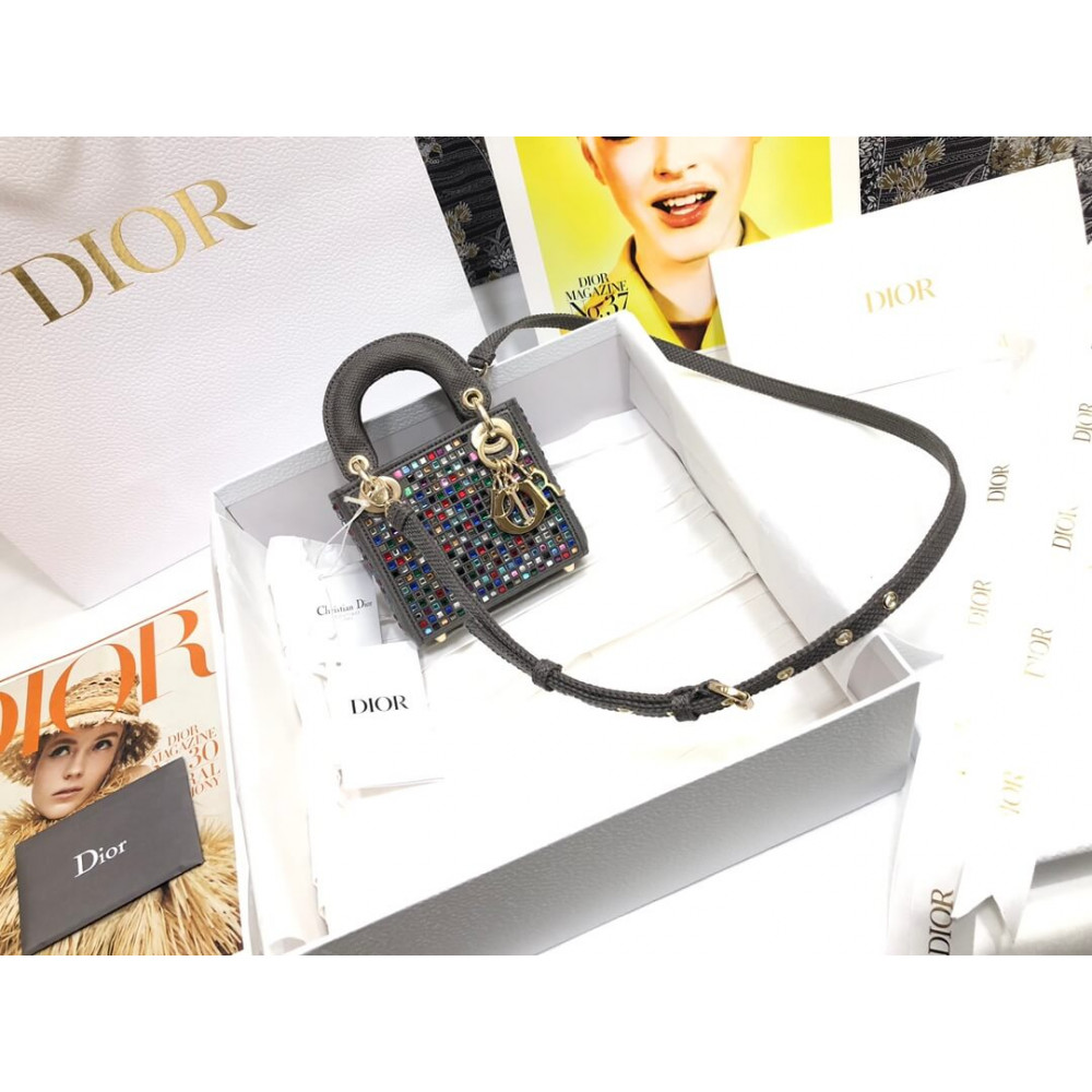 Micro Lady Dior Bag Dark Grey Metallic Canvas Embroidered with Multicolor Crystals S0856