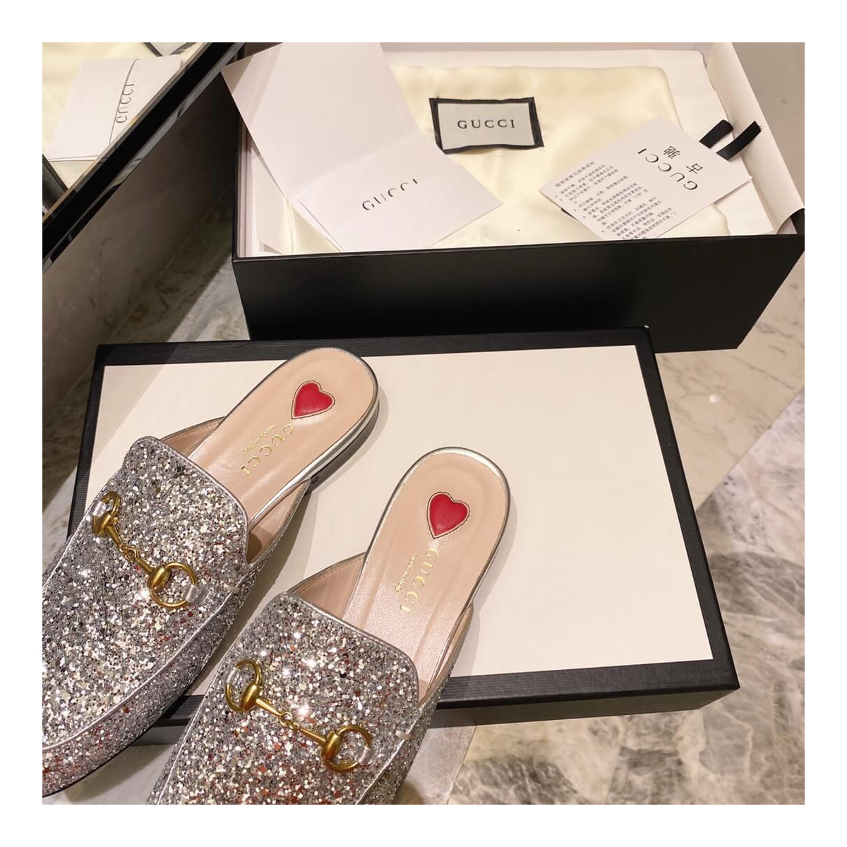 Gucci Princetown Glitter Silver Slipper 432773