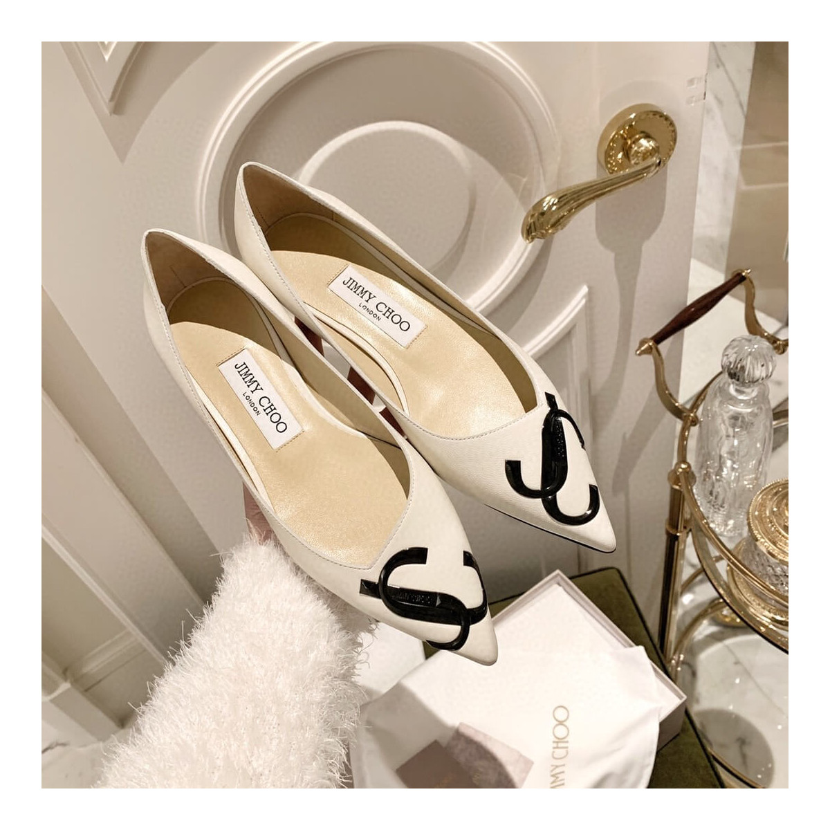 Jimmy Choo Love Flats Leather Pumps In White and Black Logo 231161