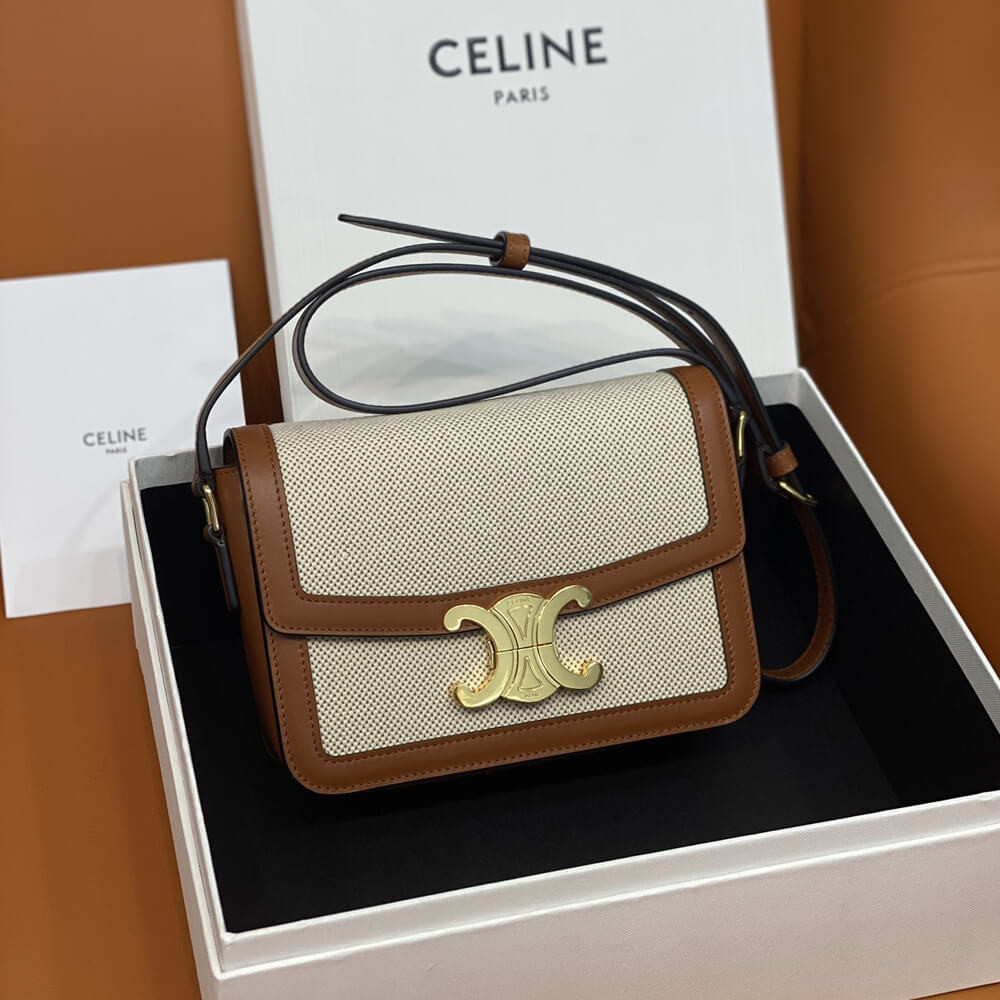 Celine Teen Triomphe Bag In Textile and Calfskin Natural/Tan 188423