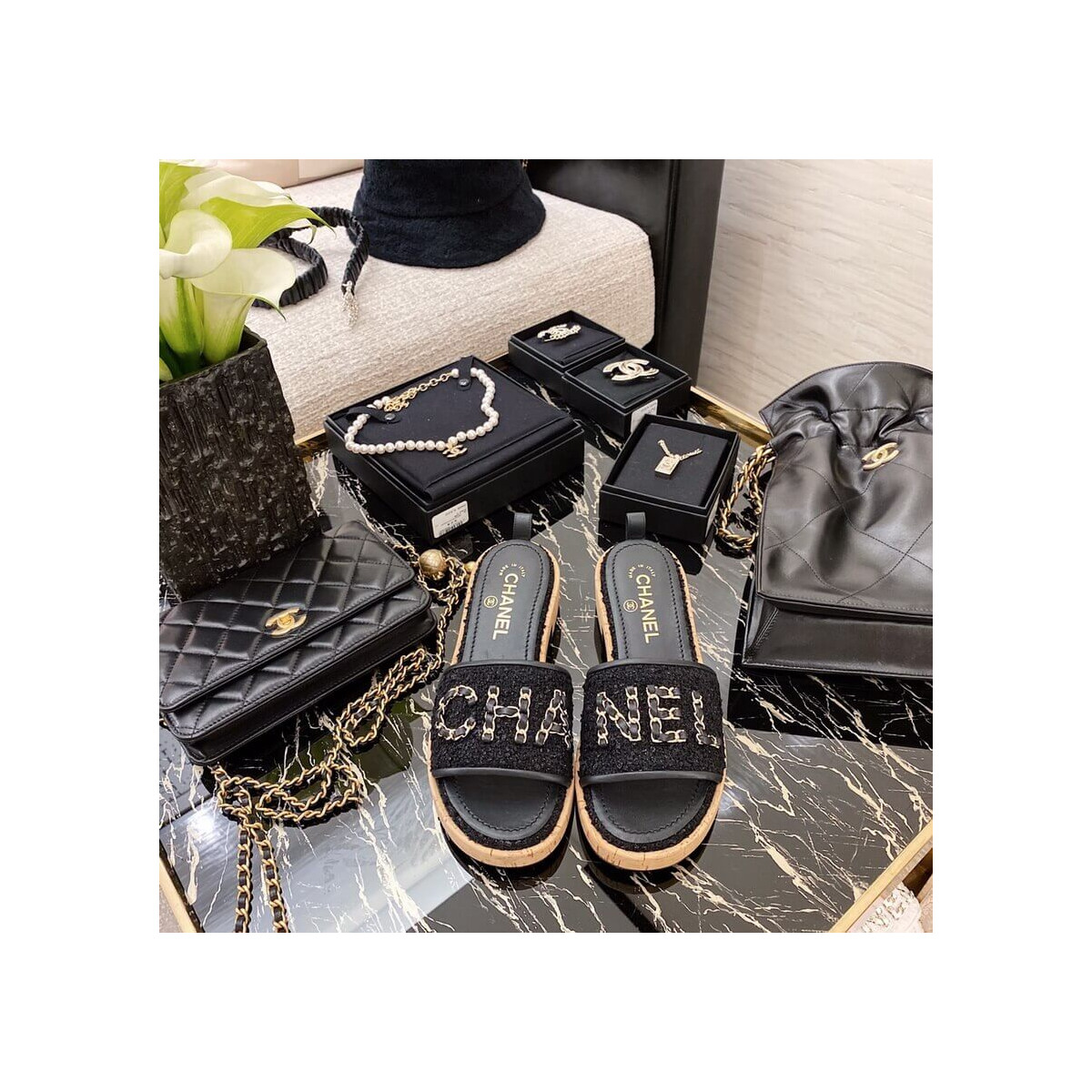 Chanel Tweed Gold Chain CC Logo Letter Cork Mules G34826