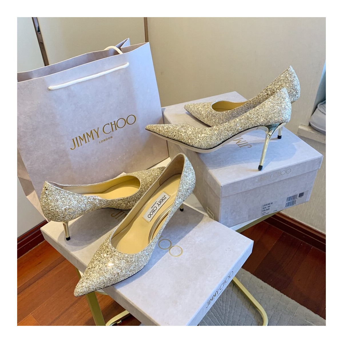 Jimmy Choo Gold Romy Glitter Fabric Pointy Toe Pumps 120011