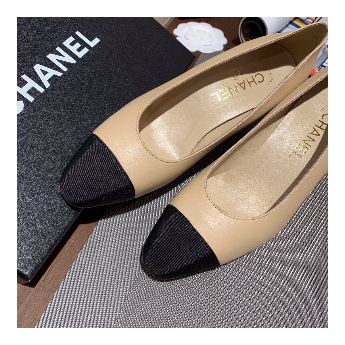 Chanel Two Tone Suede Satin Cap Toe Pumps G35802