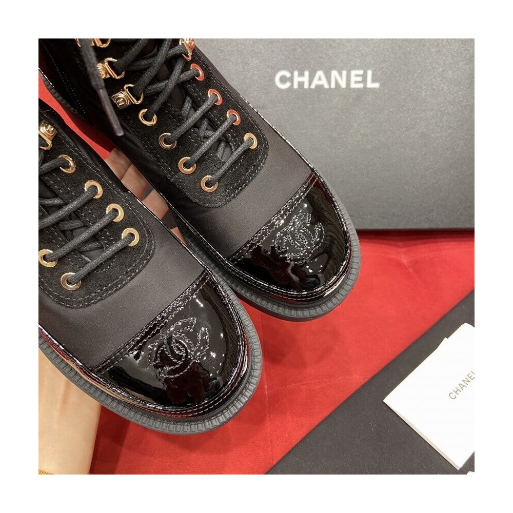 Chanel Nylon and Patent Calfskin Lace-Ups Boots G38086 Black