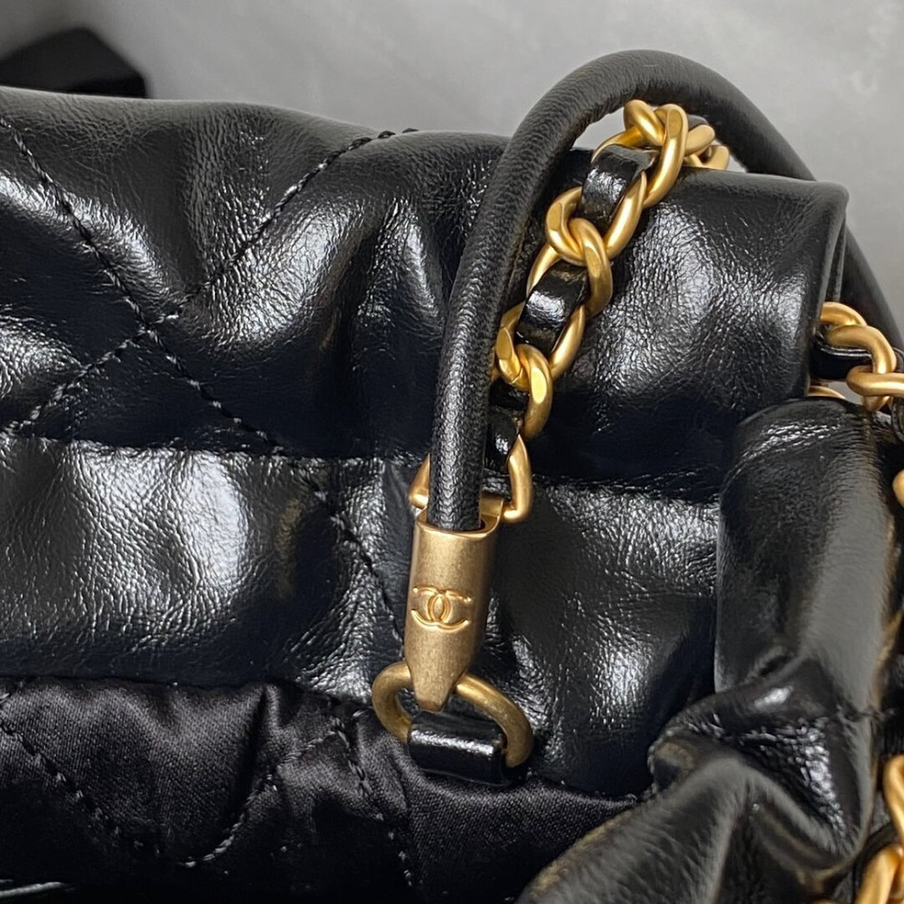 Chanel Mini 22 Handbag in Shiny Crumpled Calfskin Black with Pearl Chain AS4416