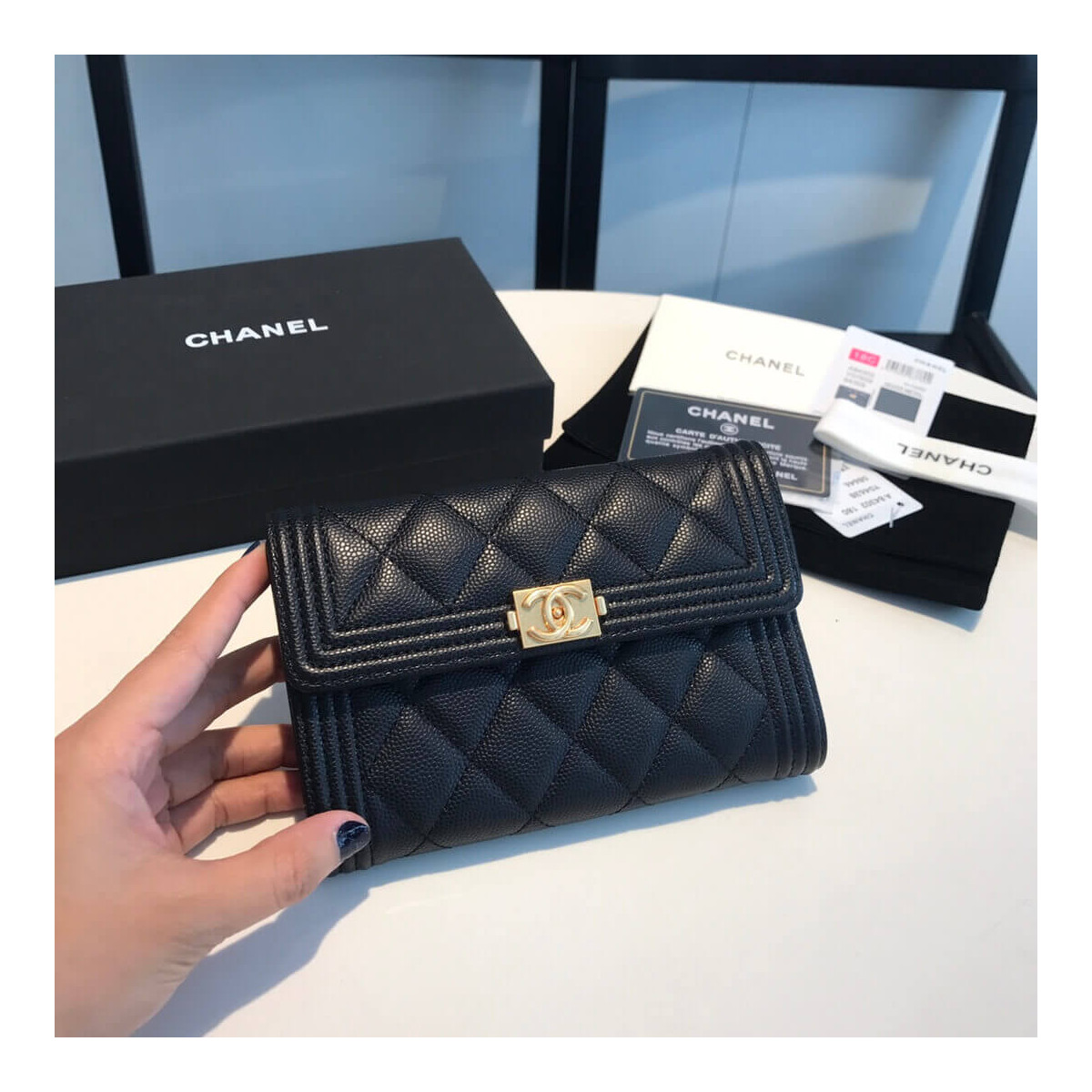 Chanel Grained Calfskin Boy Flap Wallet A84302