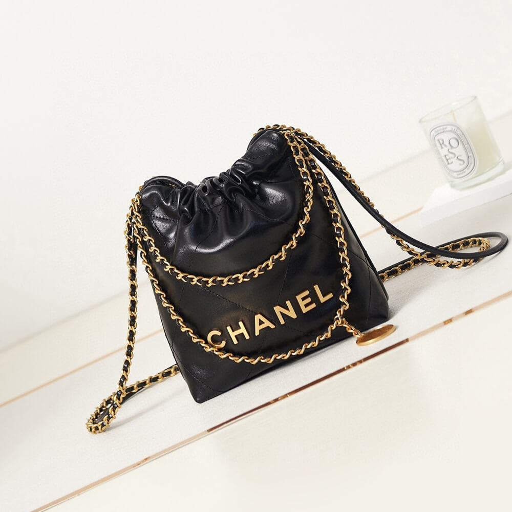 Chanel Mini 22 Handbag Shiny Calfskin &amp; Gold Metal AS3980 Black