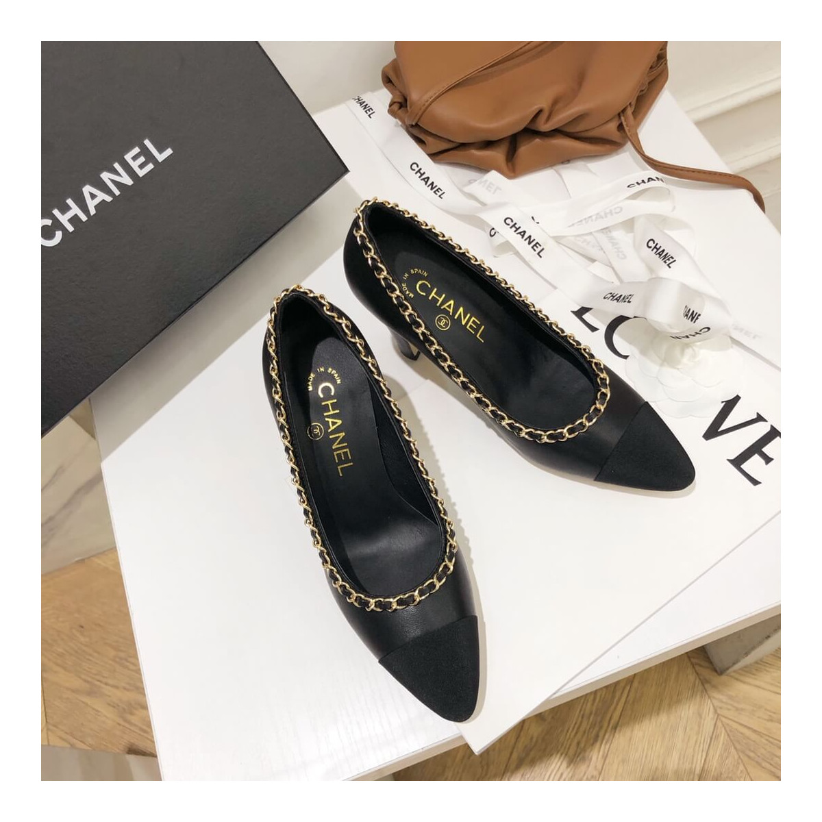 Chanel Grosgrain and Lambskin Chain 8.5cm Heel Ballerinas G35389