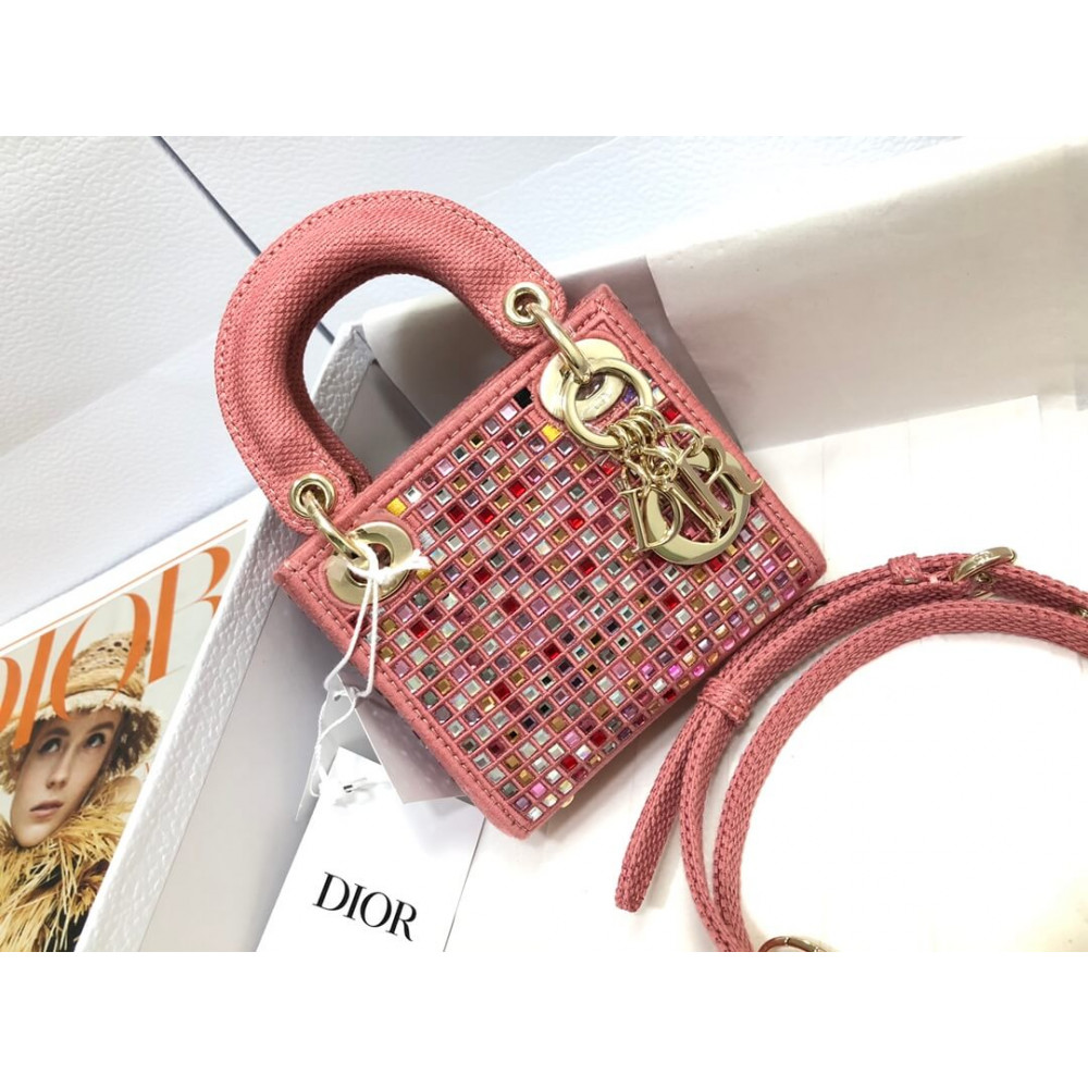 Micro Lady Dior Bag Dark Pink Metallic Canvas Embroidered with Multicolor Crystals S0856