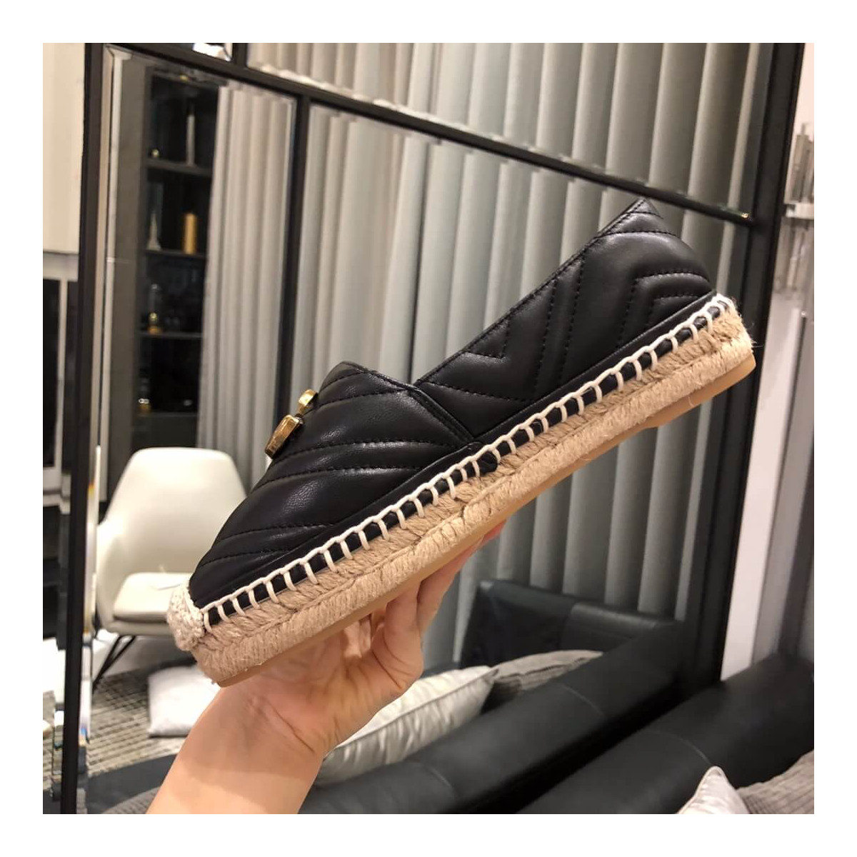 Gucci Chevron Leather Espadrille With Double G 551890 Black