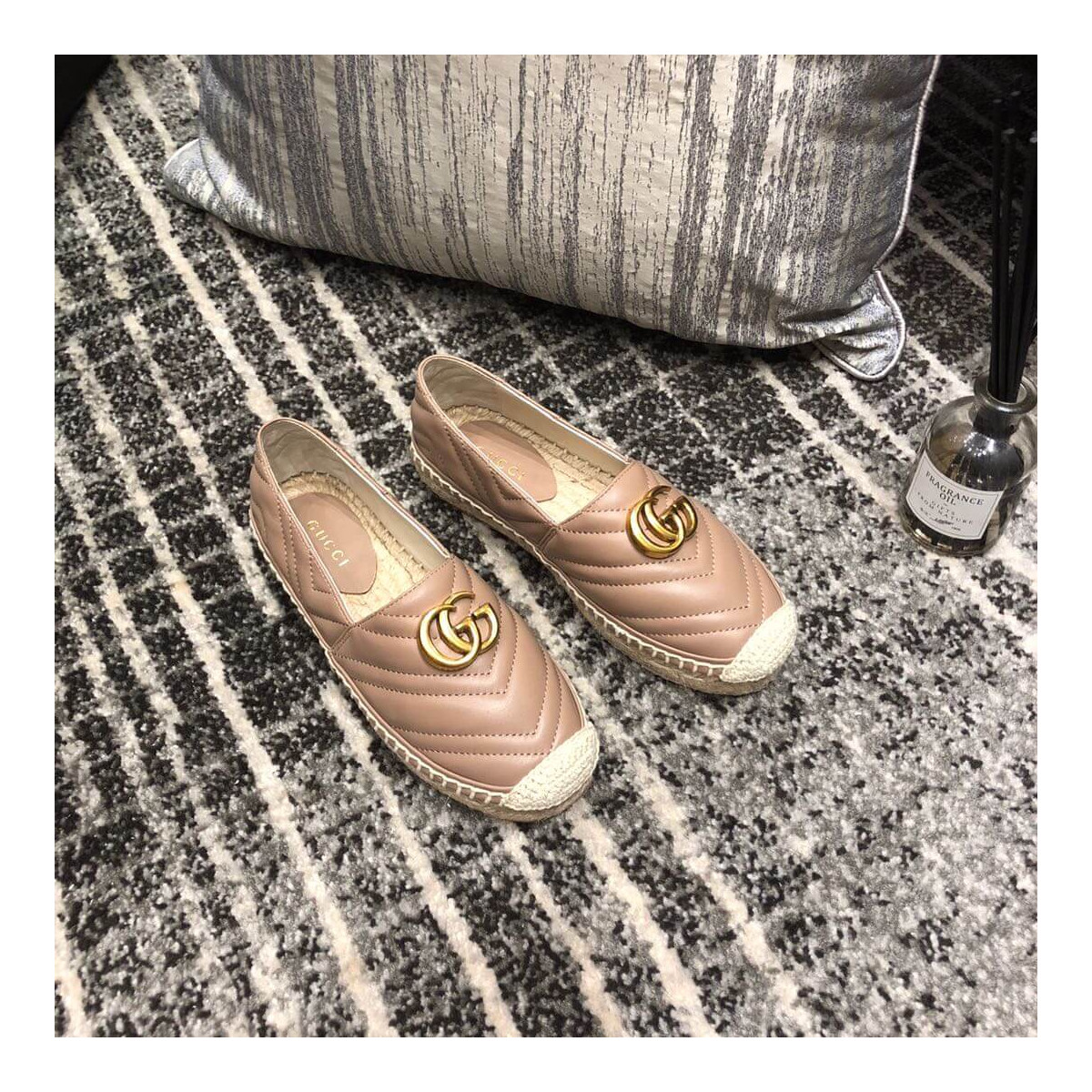 Gucci Chevron Leather Espadrille With Double G 551890 Dusty Pink