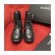 Chanel Black Quilted Gold CC Logo Chain Combat Lace Up Boots G36424