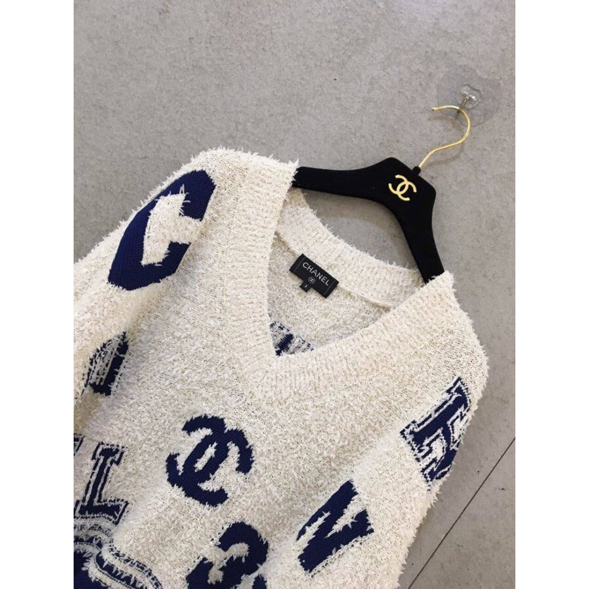 Chanel Varsity Logo iconic Oversized Wool Cashmere V Neck Sweater C1402