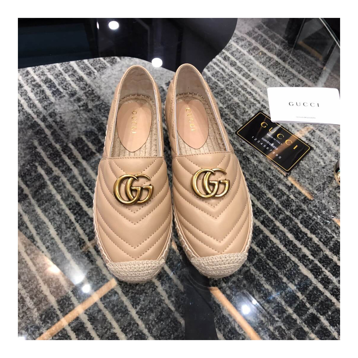 Gucci Chevron Leather Espadrille With Double G 551890 Beige