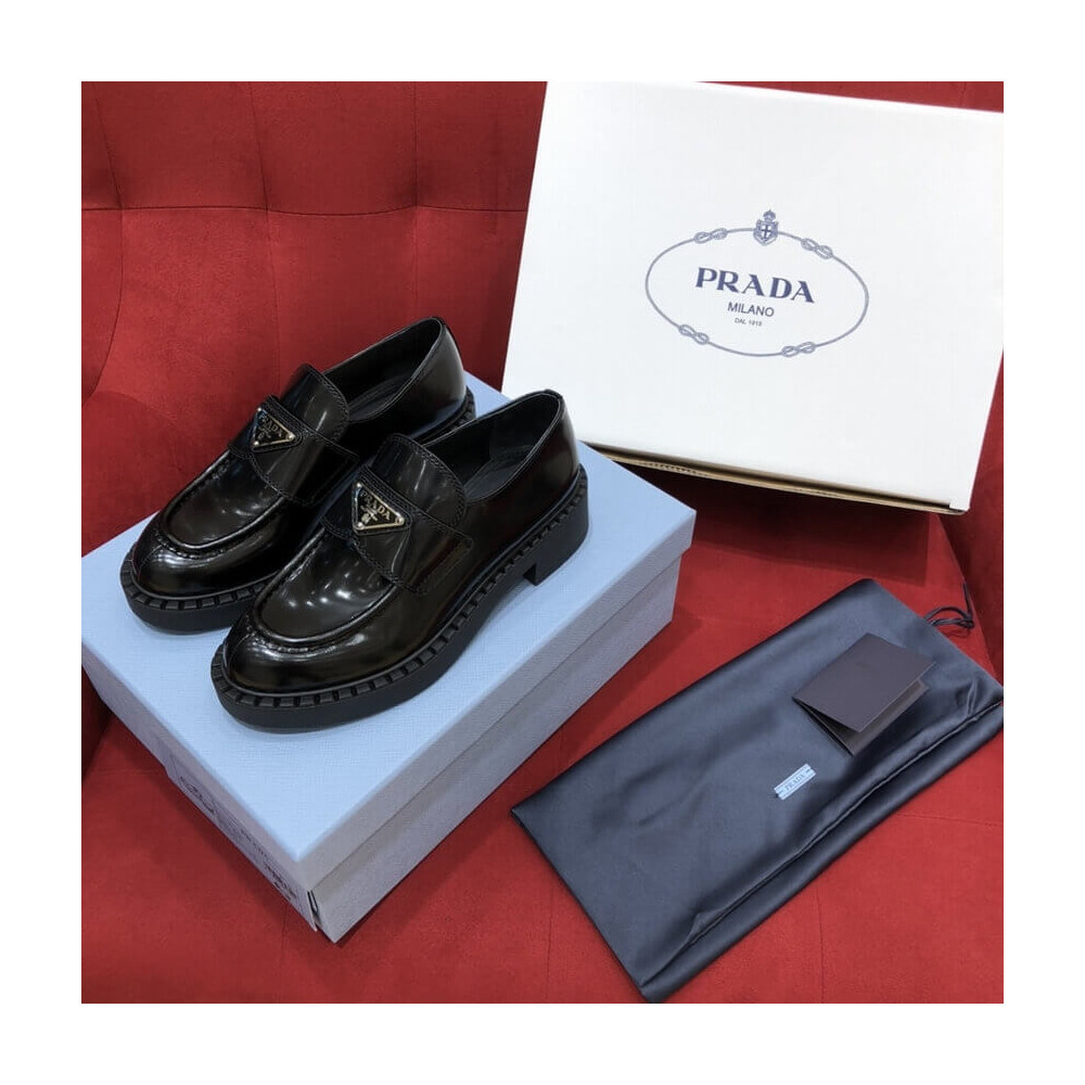 Prada Black Chocolate Brushed Leather Loafers 1D246M