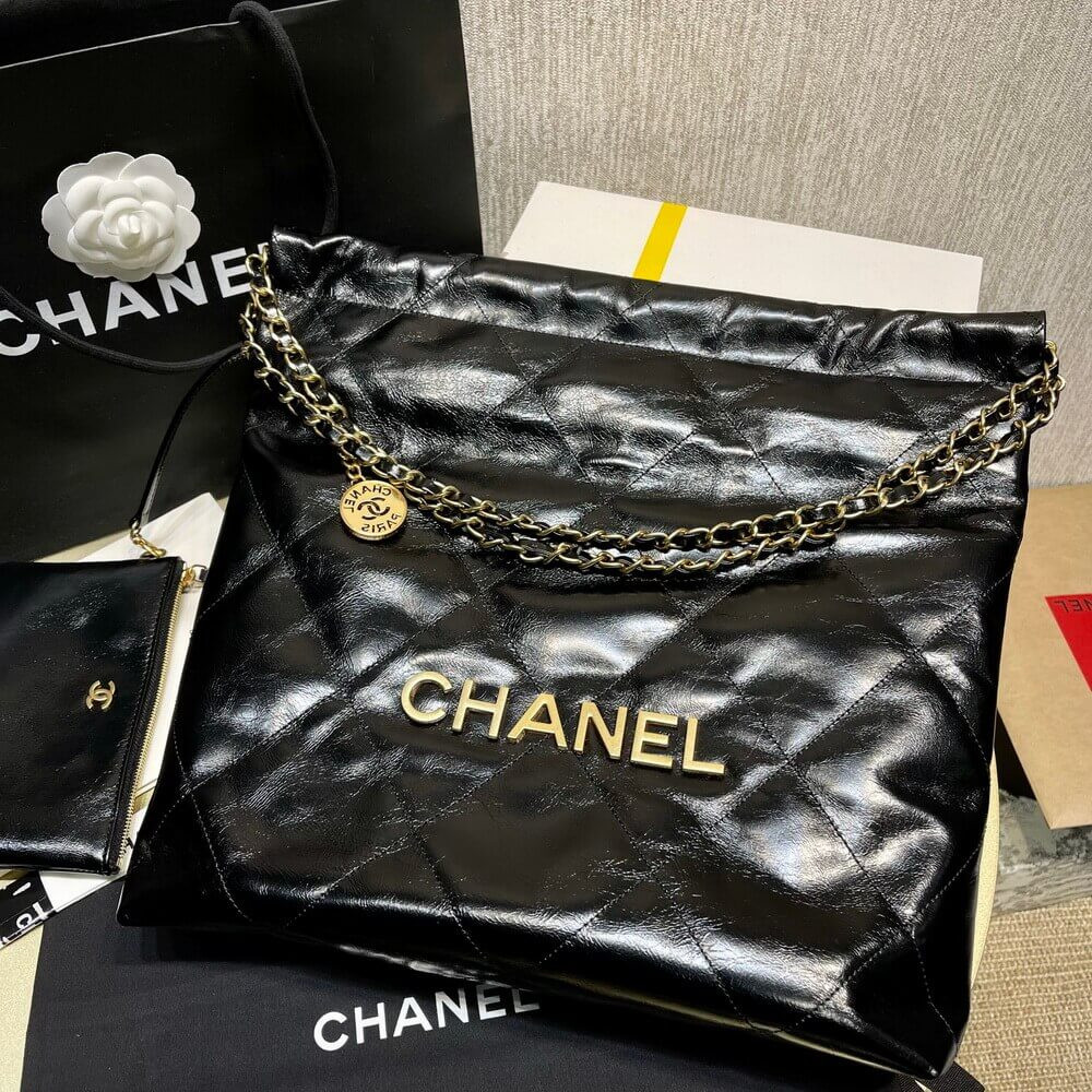 Chanel 22 Small Handbag Shiny Calfskin AS3260 Black Gold