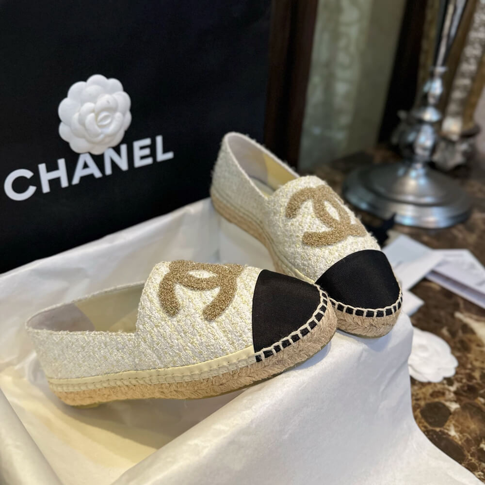 Chanel Cotton Tweed Logo Espadrille G39028 Light Yellow