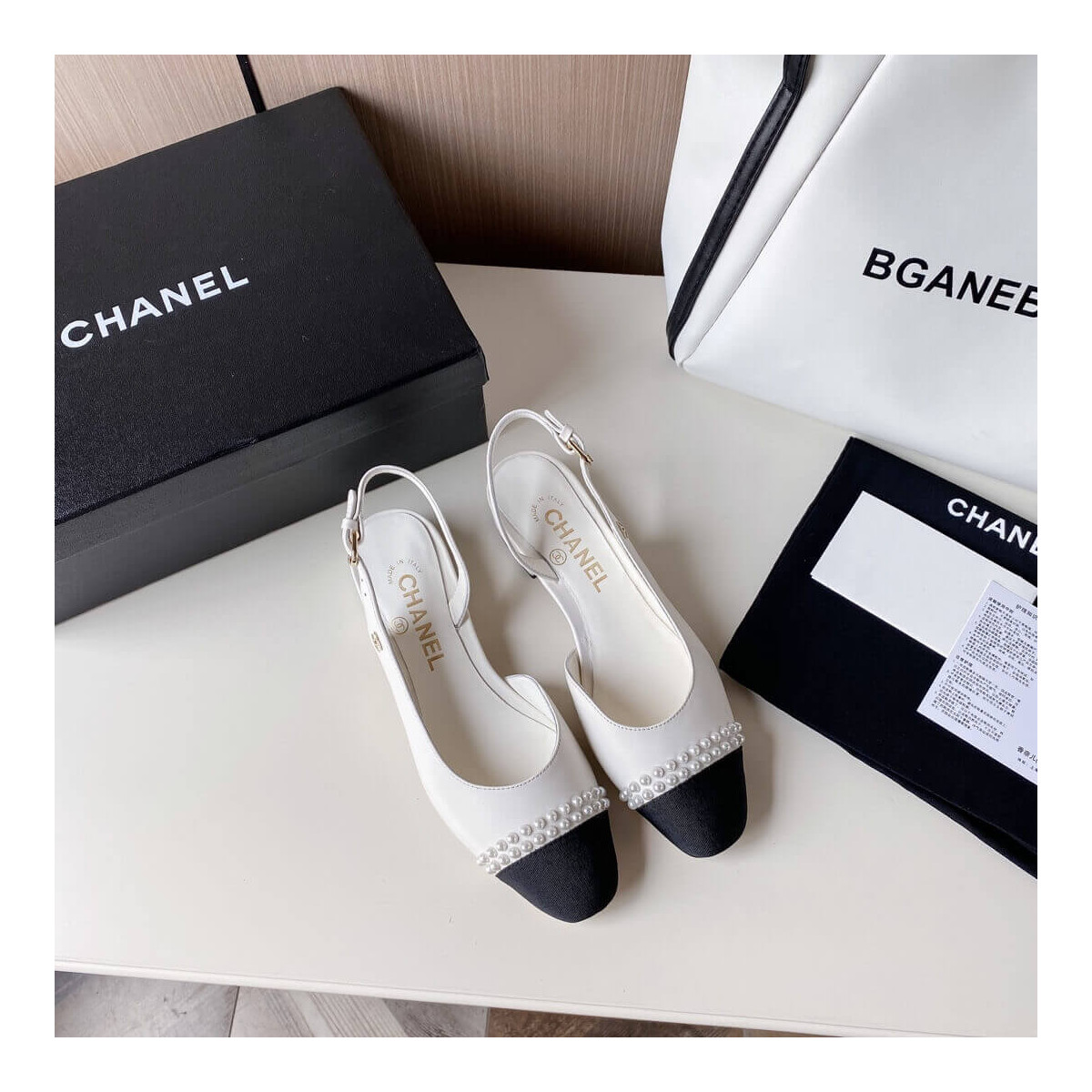 Chanel Pearl Embellished CC Cap Toe Flat Slingbacks 36125