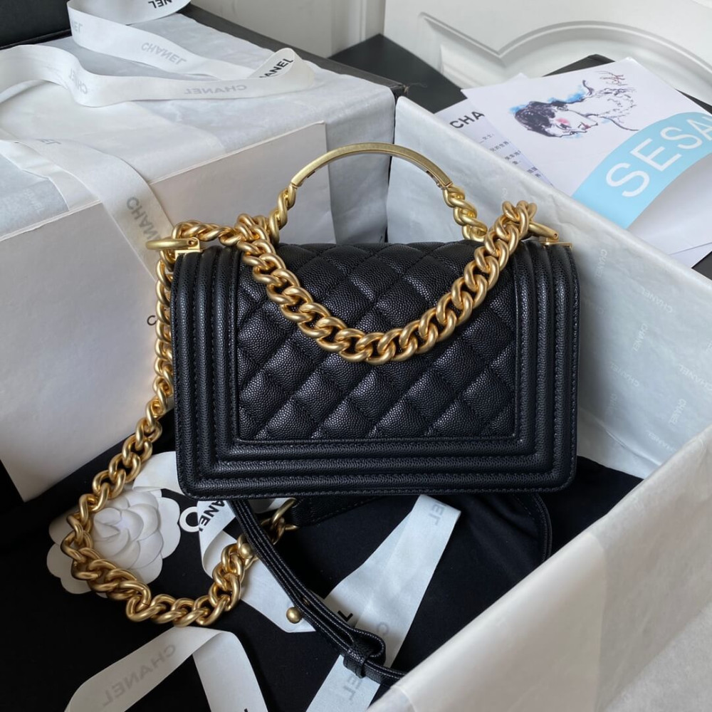 Chanel Boy Flap Bag With Handle Grained Shiny Calfskin A94805