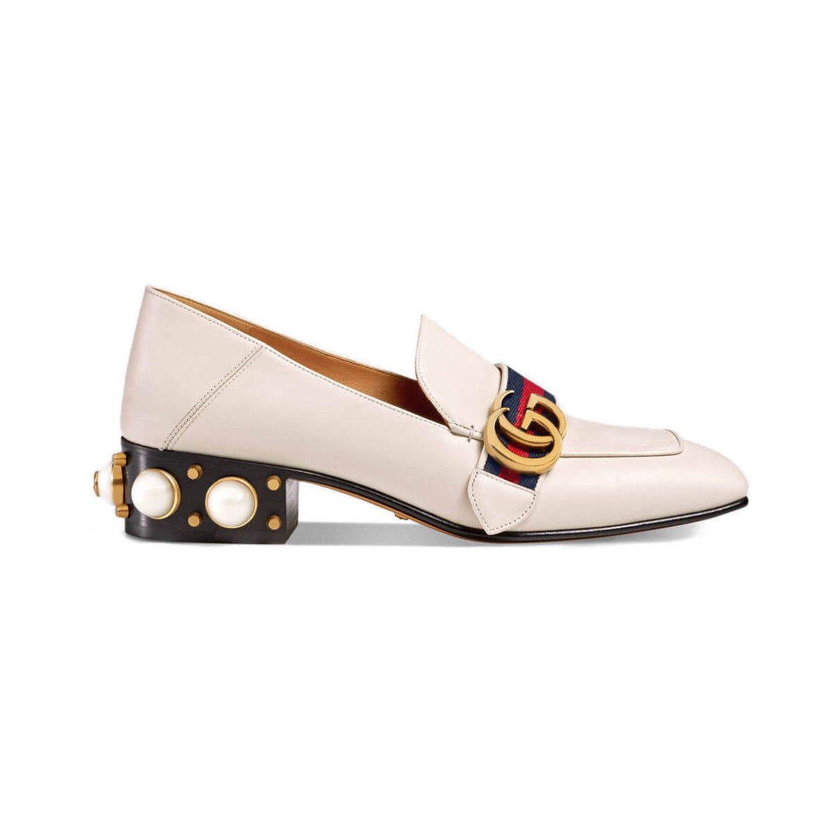 Gucci Calfskin Web Pearl Embellished Mid-Heel Loafer 423559