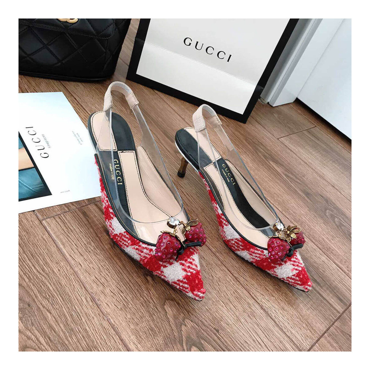 Gucci Eleonor Crystal-Strawberry Tweed Slingback Pumps 286148 Red