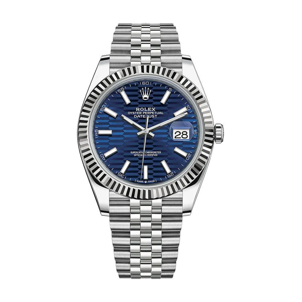 Rolex Datejust 41mm Blue Motif Dial Jubilee Stainless Steel Automatic Fluted Bezel