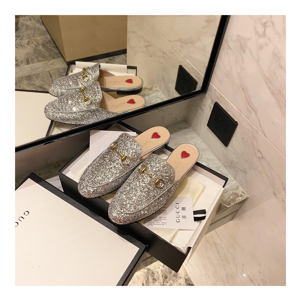 Gucci Princetown Glitter Silver Slipper 432773