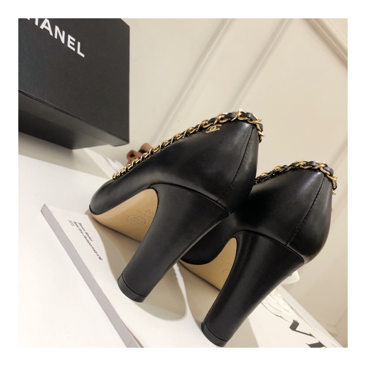 Chanel Grosgrain and Lambskin Chain 8.5cm Heel Ballerinas G35389