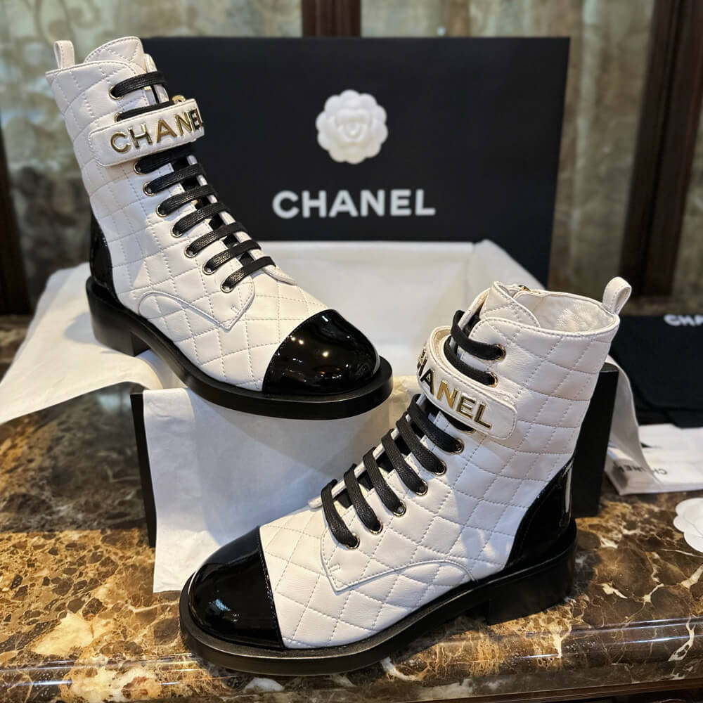 Chanel Quilted Lambskin &amp; Patent Calfskin Lace Up Combat Boots G45005