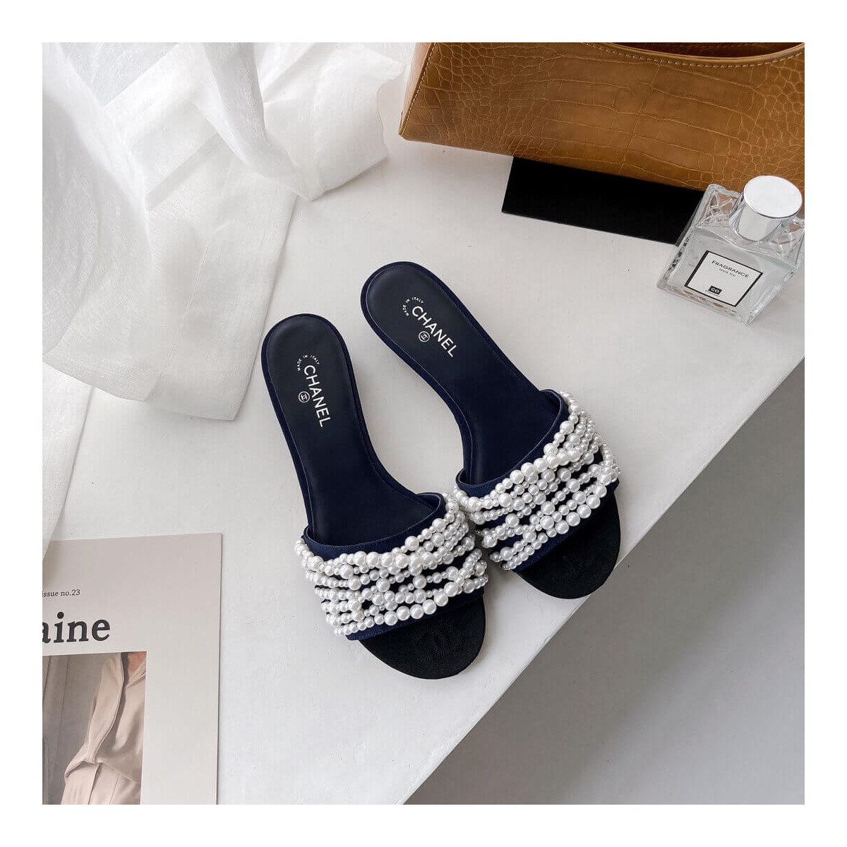 Chanel Satin CC Pearl Sandal Flats 36123