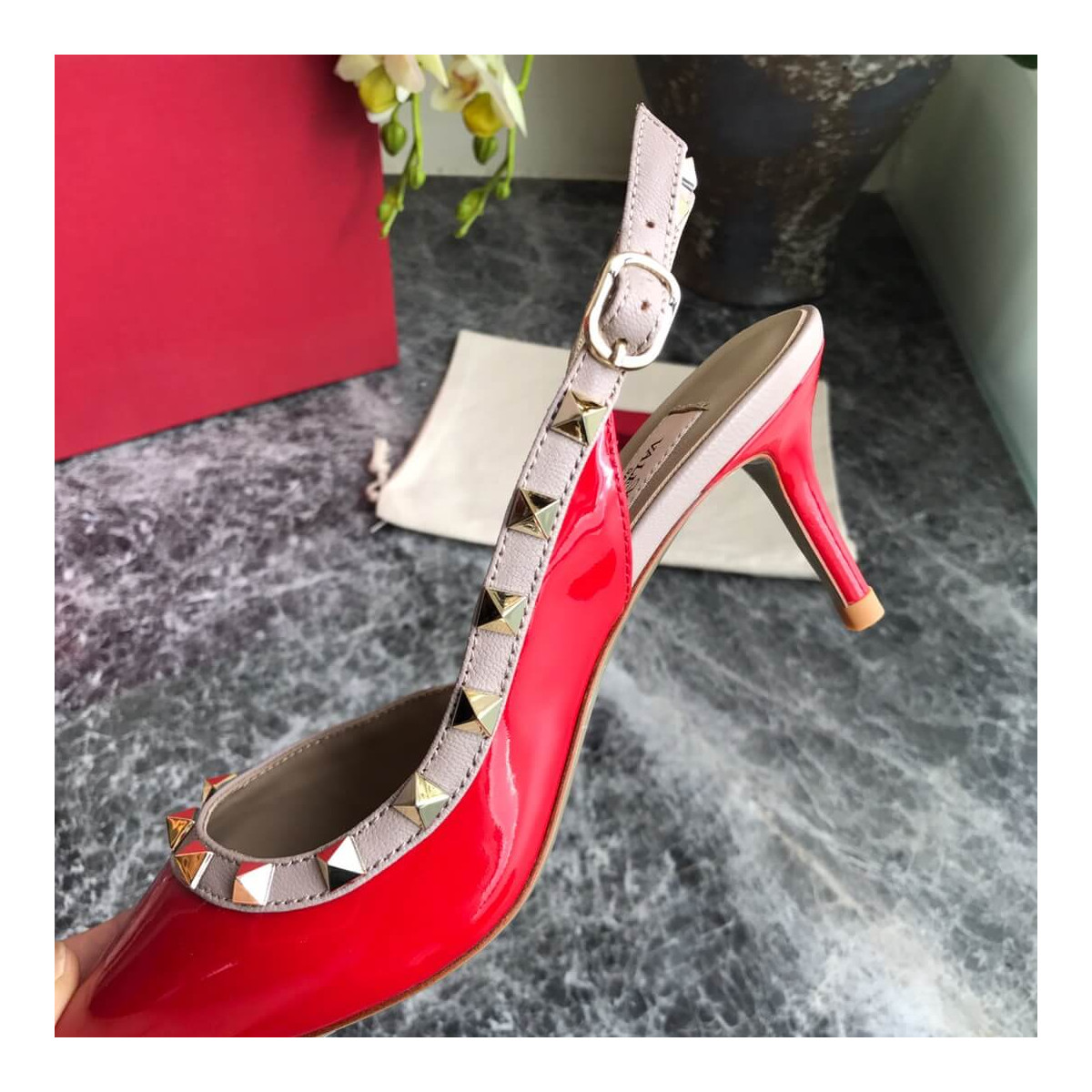 Valentino Garavani Rockstud Patent Leather Slingback Pump 65mm Uw2s0h14