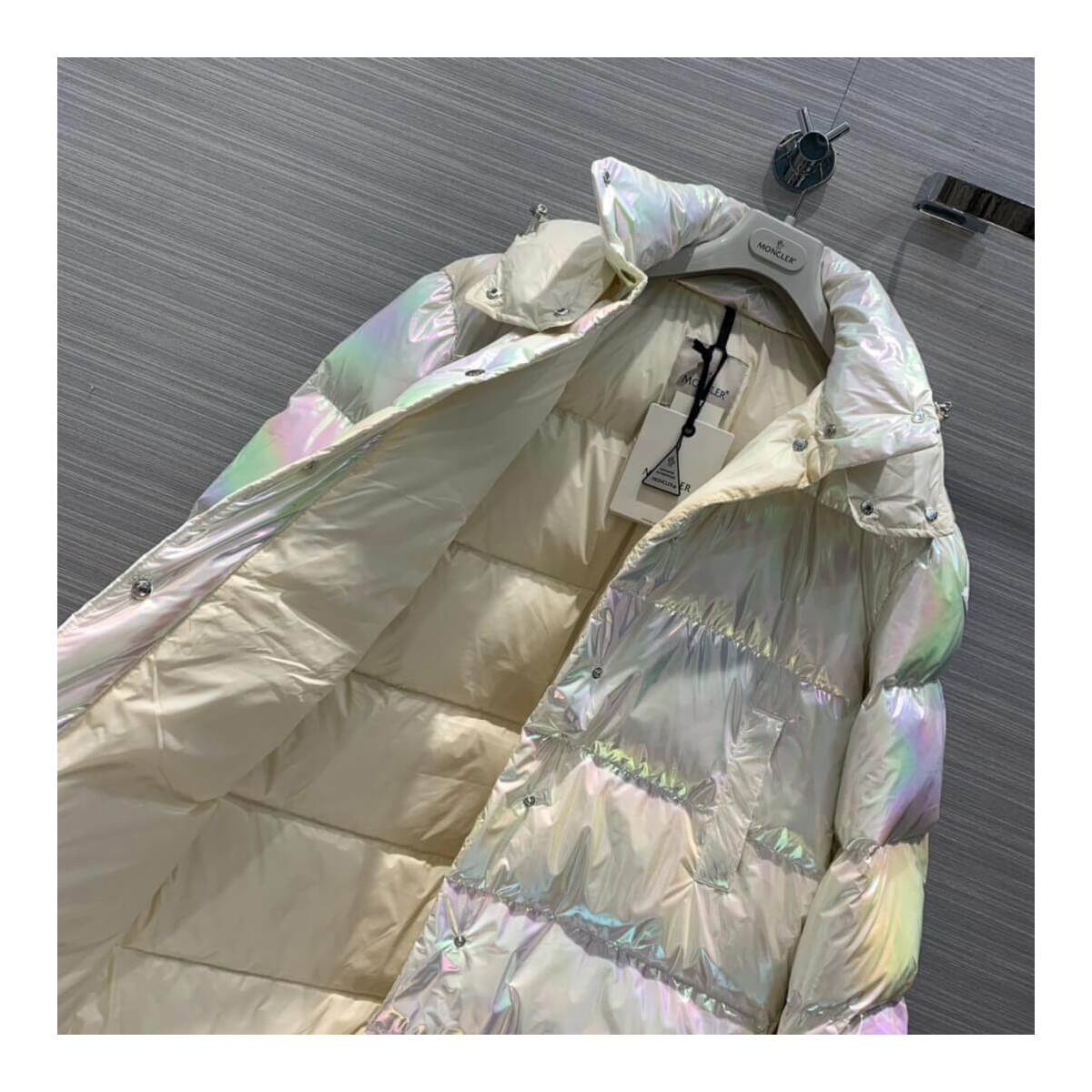 Moncler Daos Long Water Resistant Iridescent Hooded Down Puffer Coat