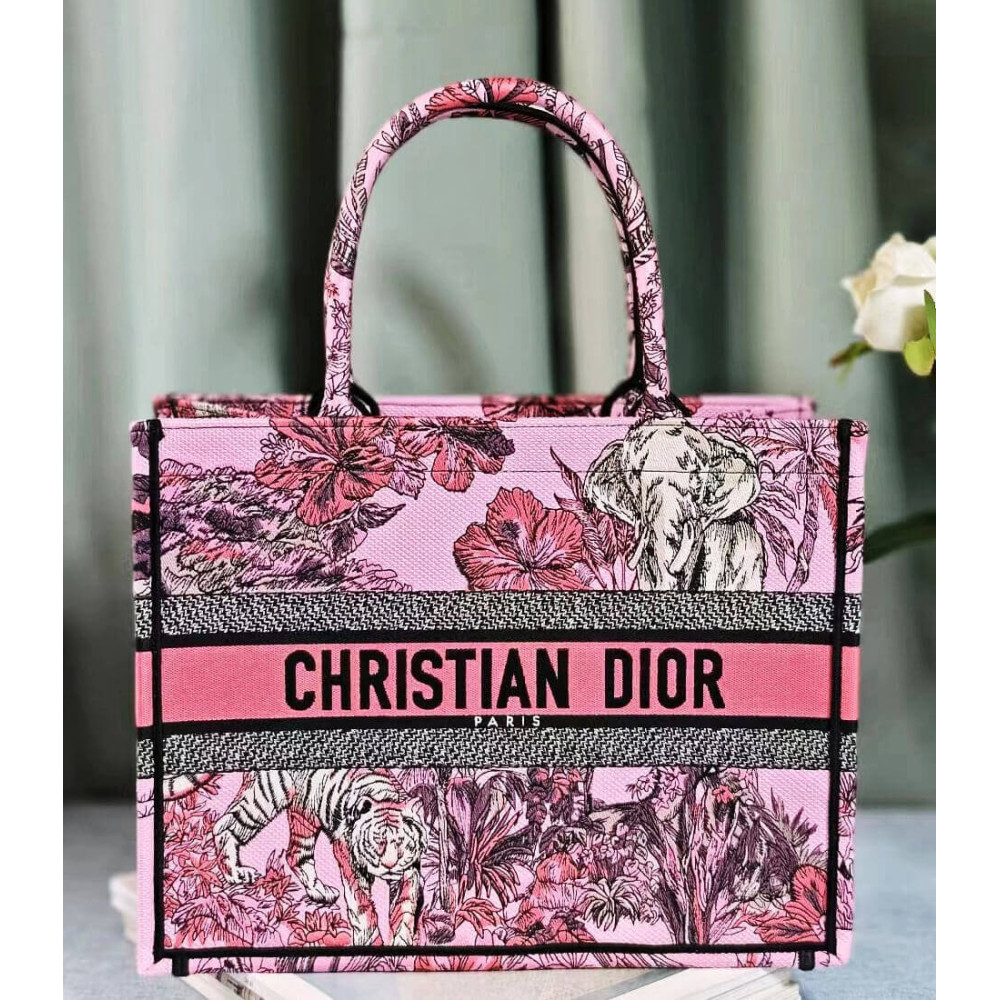 Christian Dior Book Tote Pink Multicolor Toile de Jouy Voyage Embroidery