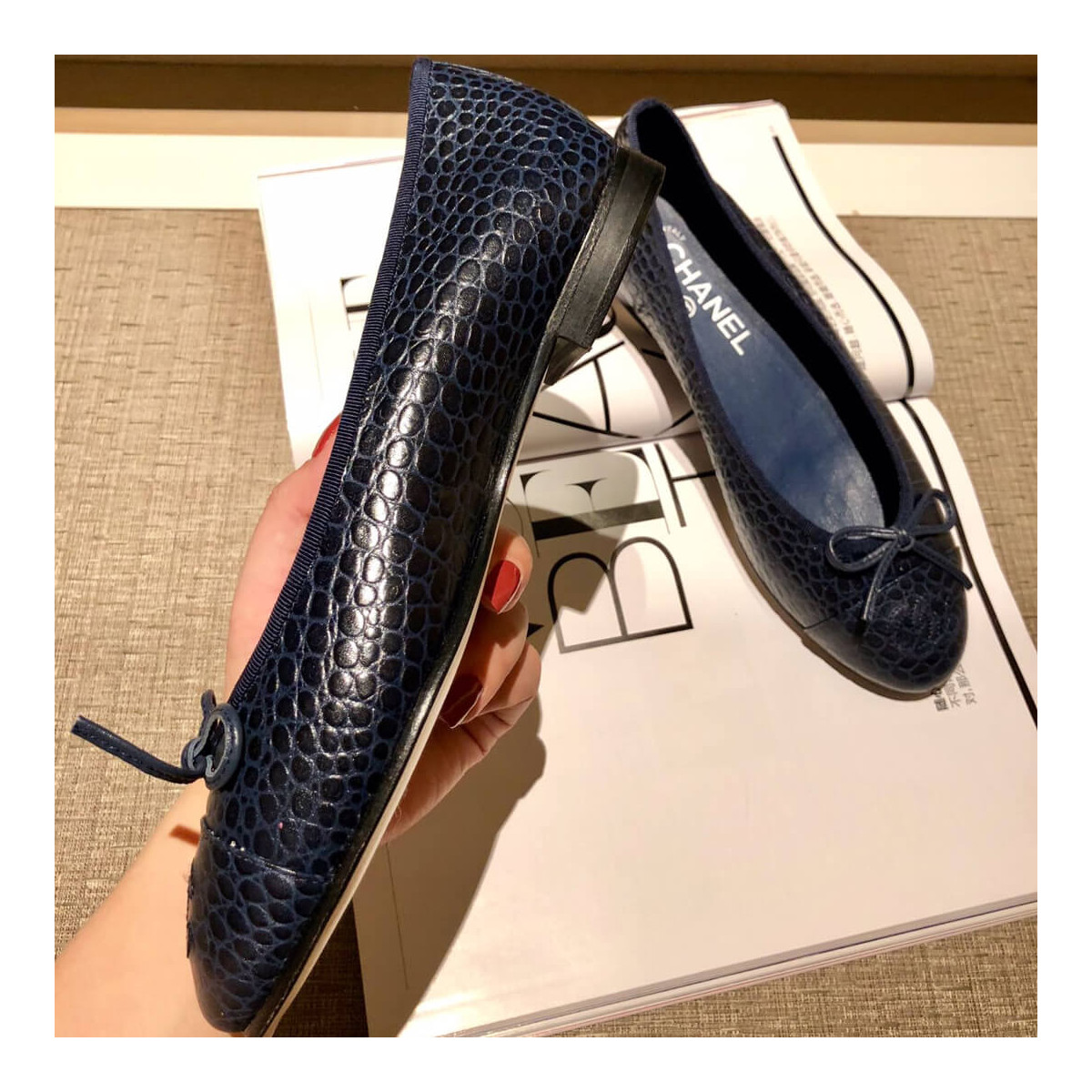 Chanel Crocodile Patent CC Cap Toe Flats Ballerinas G02819